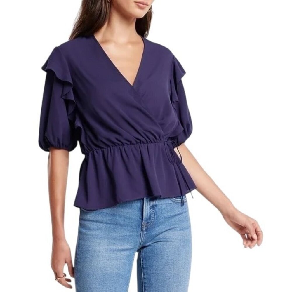 EXPRESS Faux Wrap Puff Sleeve Peplum Top, Size Medium - NWT
